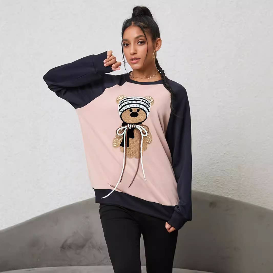 Design Sense Bear Lace-Up Color Matching Hoodie