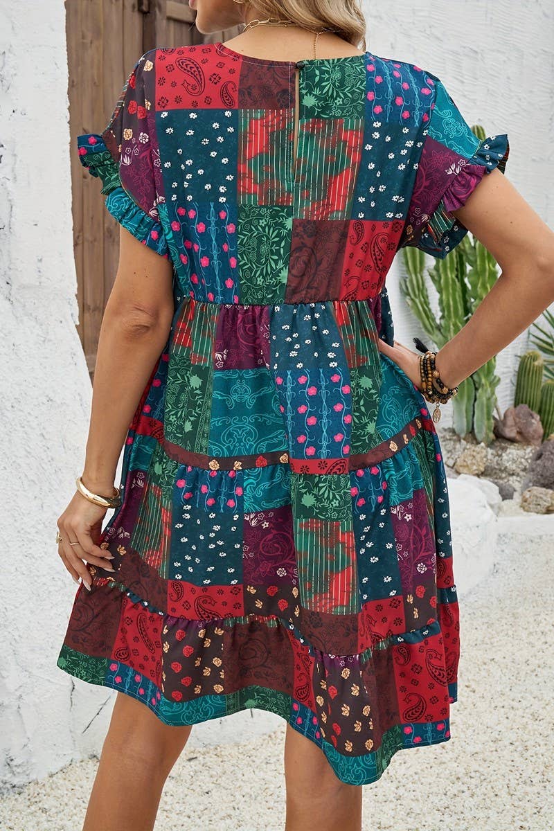 CWDSD10878_RUFFLE SLEEVE KNEE LENGTH VACATION DRESS