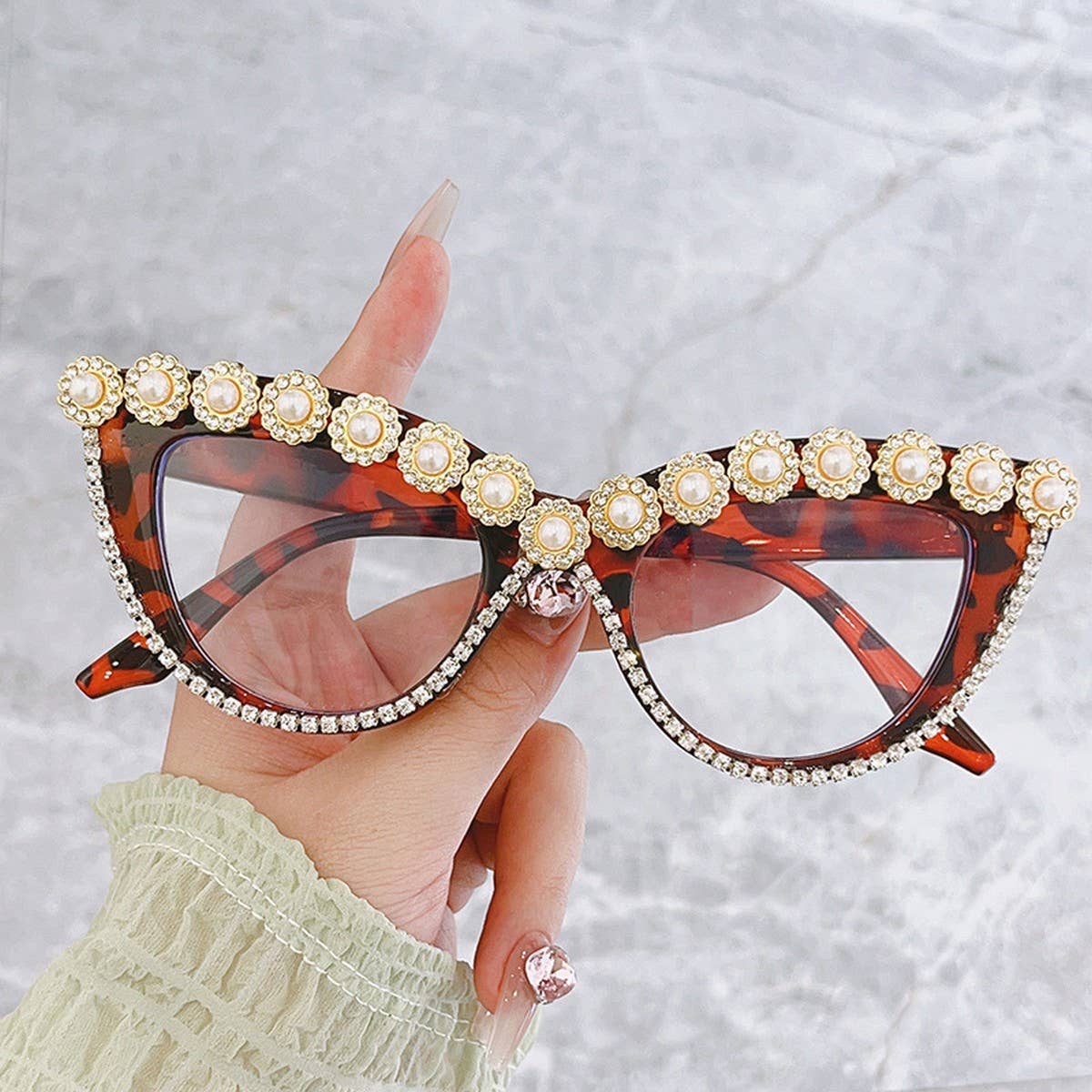 HANDMADE RHINESTONE PEARL RETRO CAT-EYE SUNGLASSES