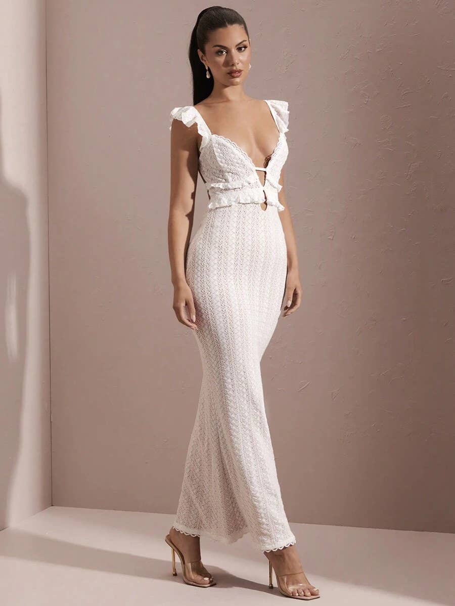 V-neck knitted black ear-trimmed backless dress