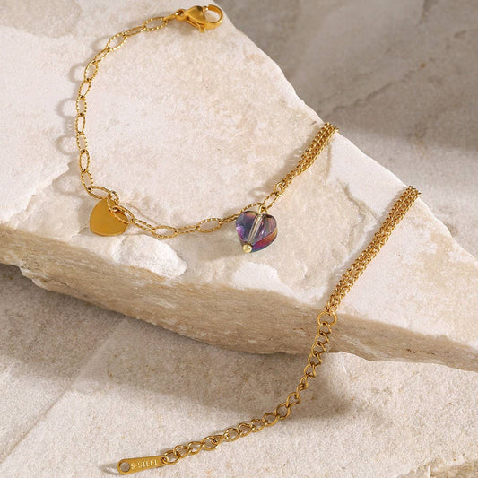 Elegant Purple Heart Anklet, Double Chain 18K Gold