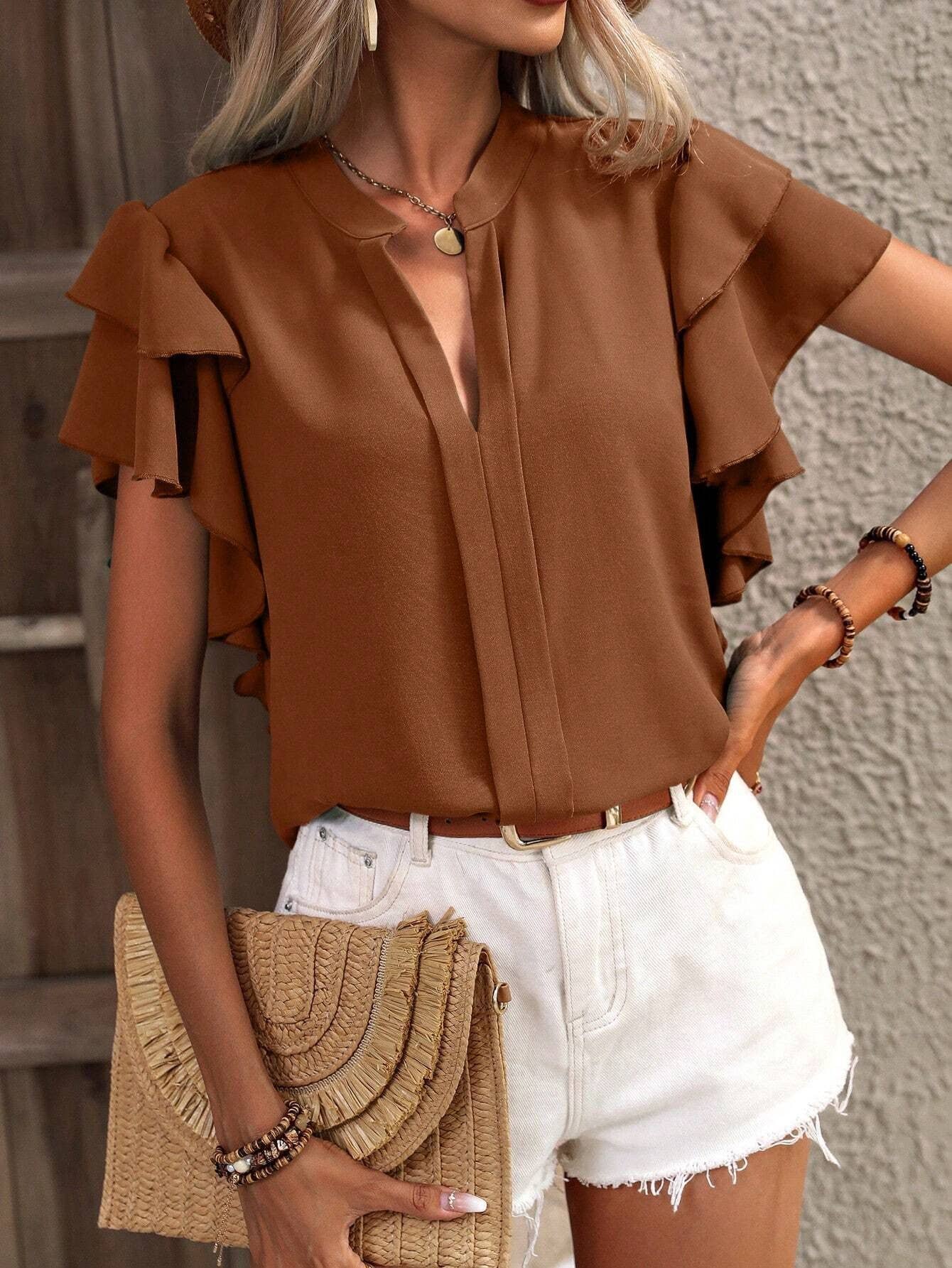 V-NECK CASUAL DOUBLE LAYER LOTUS SLEEVE BLOUSE