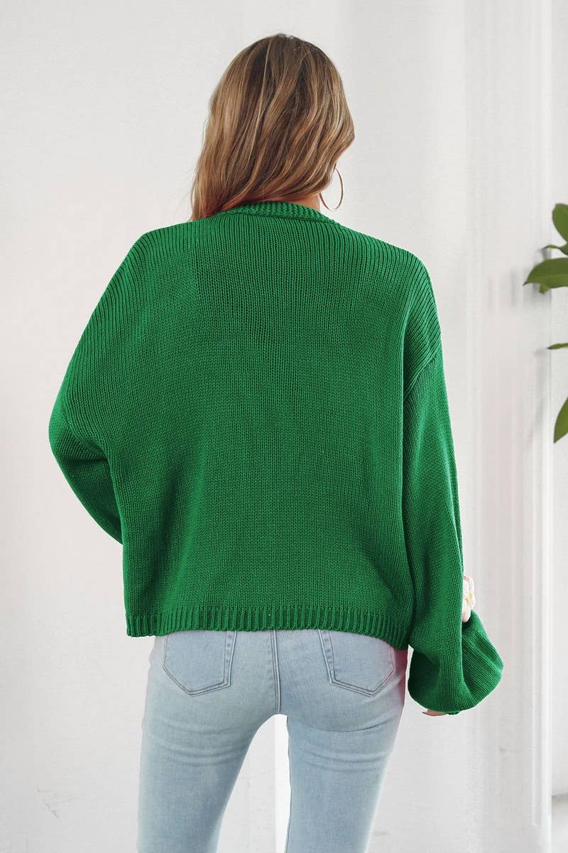 CWOCAL1182_EMBROIDERED FLOWER LANTERN SLEEVE KNIT CARDIGAN