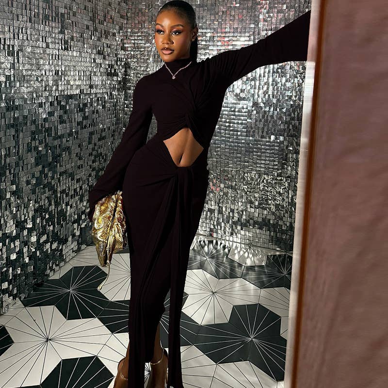 SEXY CUTOUT DRESS WITH LONG SLEEVES AND HIGH NECK