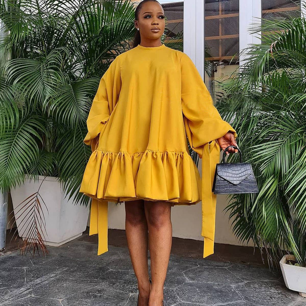 LOOSE SOLID COLOR PUFF SLEEVES PLUS SIZE DRESS