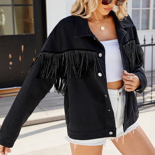 Black Washed Fringe Studded Denim Jacket_CWOCO1209