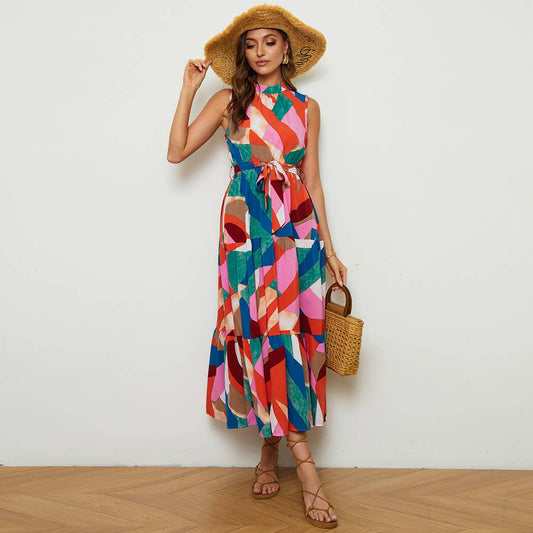 STAND COLLAR PRINT BOHO HOLIDAY SLEEVELESS DRESS