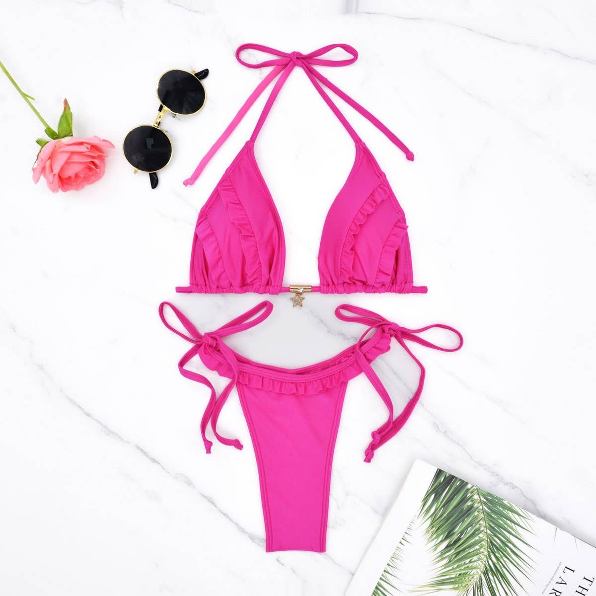 SOLID COLOR LACE-UP BIKINI TWO-PIECE SWIMSUIT_CWMW0759