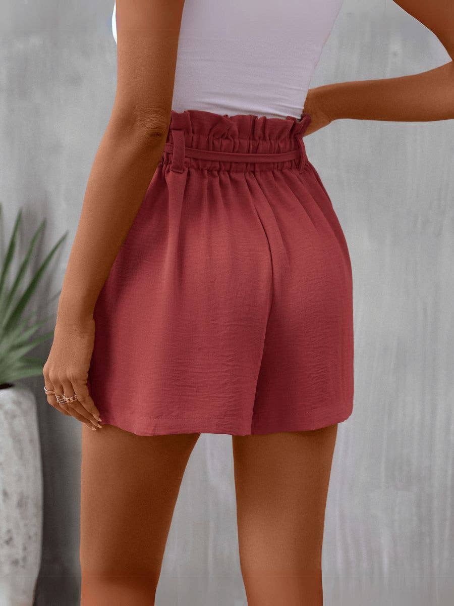 Solid-colored high-waisted ruffled loose shorts