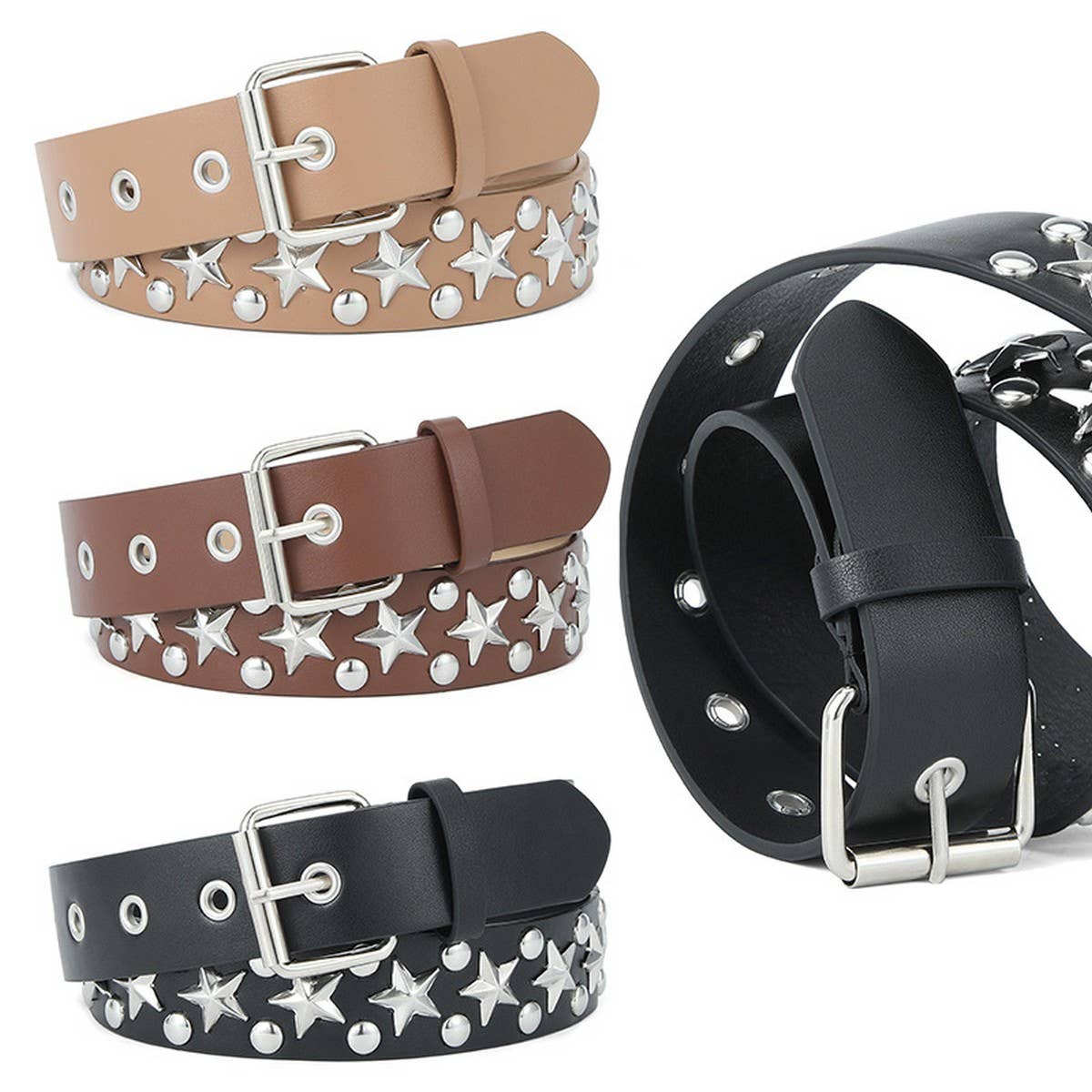CWABE0380_FIVE-POINTED STAR RIVET STYLE PUNK BELT FOR WOMEN