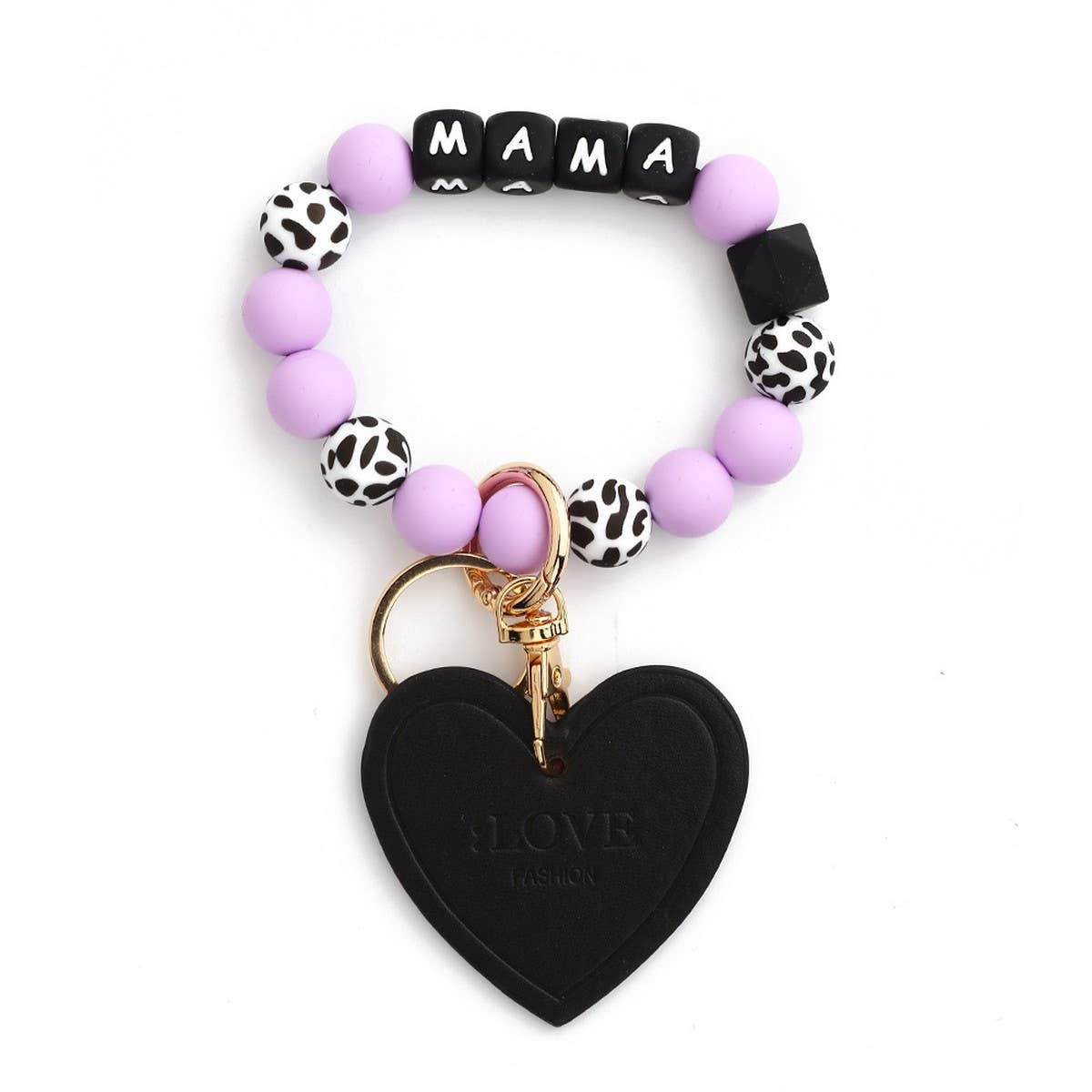 Leopard Print Silicone Bead Heart Bracelet Keychain_CWAB5018