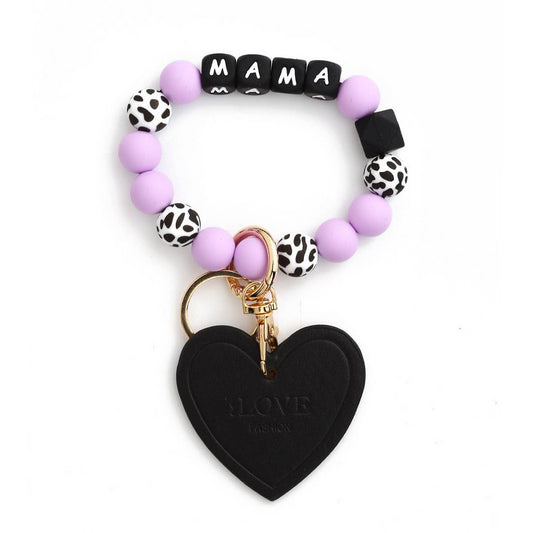 Leopard Print Silicone Bead Heart Bracelet Keychain_CWAB5018
