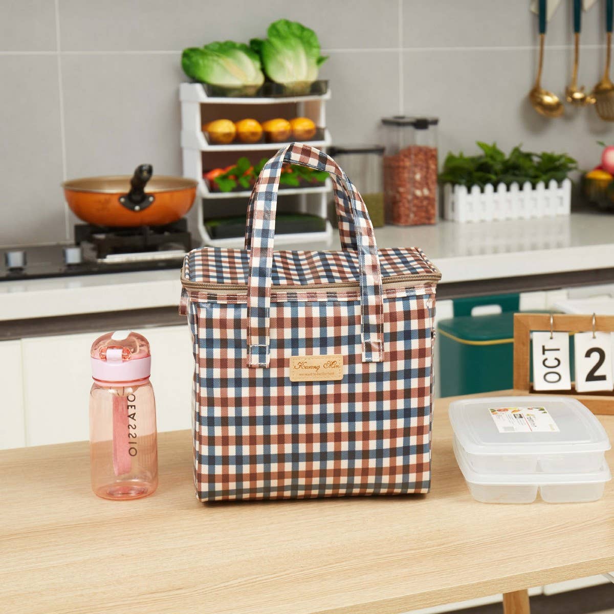 CHECKERED BENTO BAG LARGE CAPACITY CARRYING BAG_CWAB1728