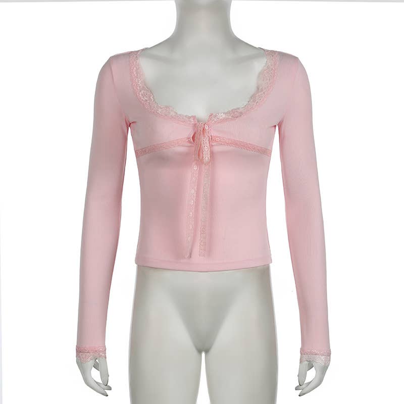 Lace patchwork slim U-neck long sleeve top