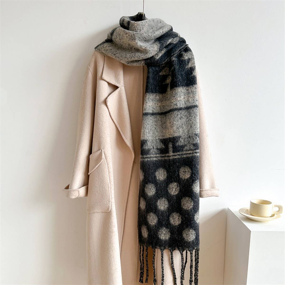 Woolen Scarf, Long & Thick, Polka Dot Fringe Shawl_CWASC0987