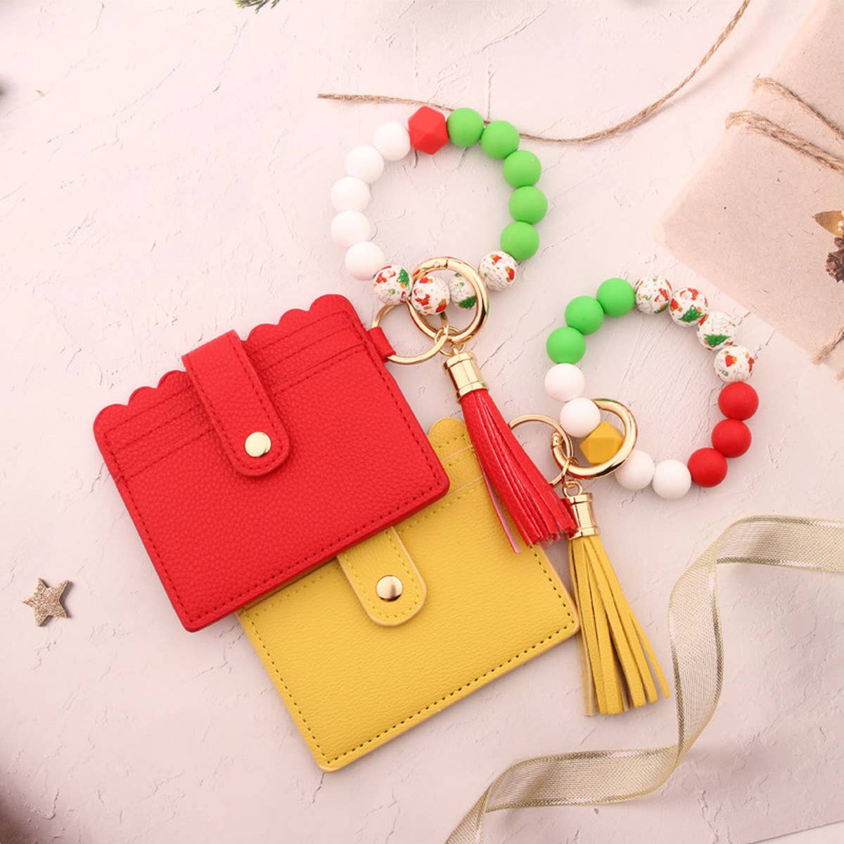 CHRISTMAS BEAD BRACELET CARD HOLDER KEYCHAIN