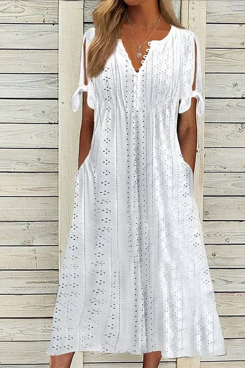 CWDMD5497_SUMMER V-NECK LACE HOLLOW RUFFLE DRESS