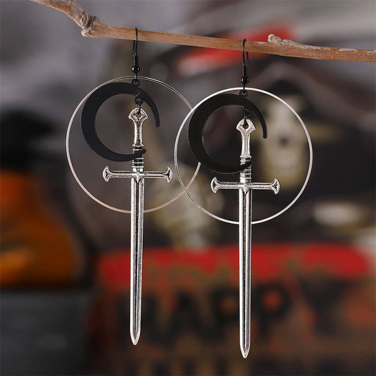 HALLOWEEN ROUND BLACK MOON SWORD EARRINGS