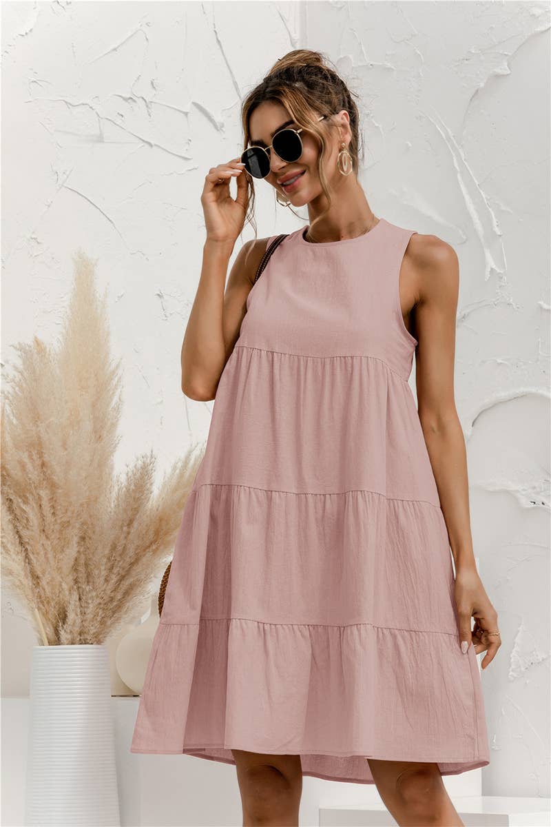 CWDTD0408_ROUND NECK SLEEVELESS PATCHWORK LOOSE SWING DRESS