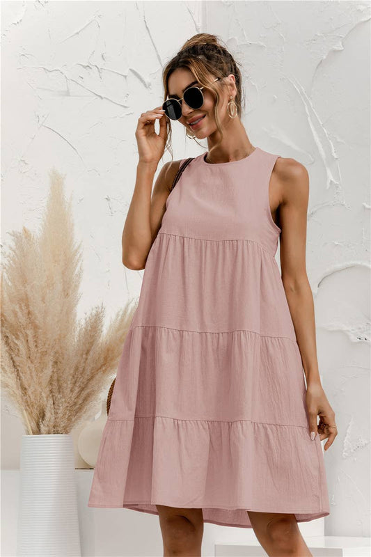 CWDTD0408_ROUND NECK SLEEVELESS PATCHWORK LOOSE SWING DRESS