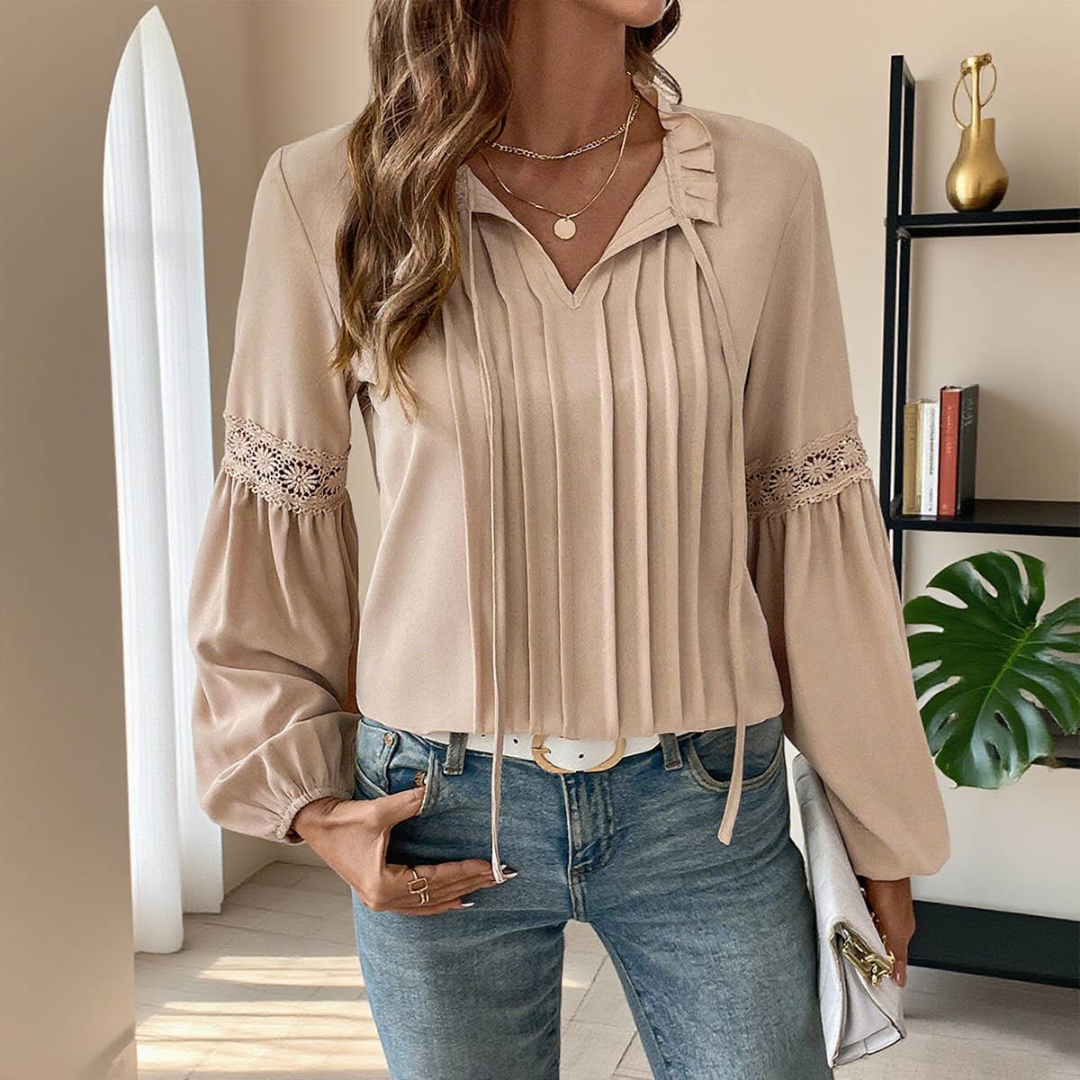 Solid-color casual lace-up V-neck stylish shirt