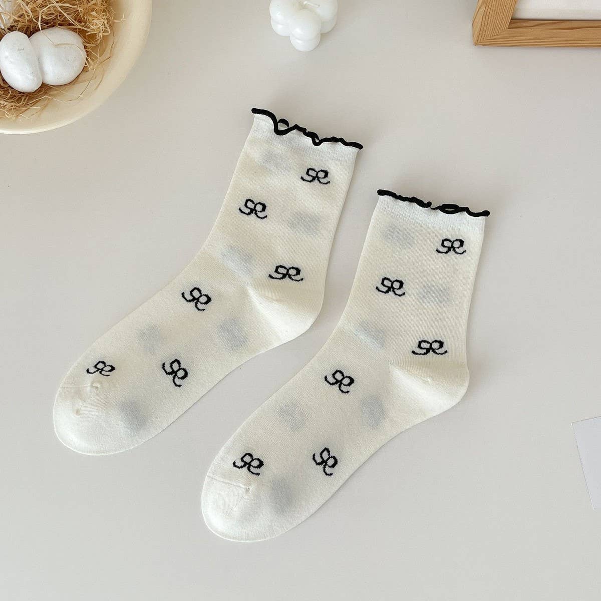 Cute Dots, Stripes,Bow Ruffle White Crew Socks