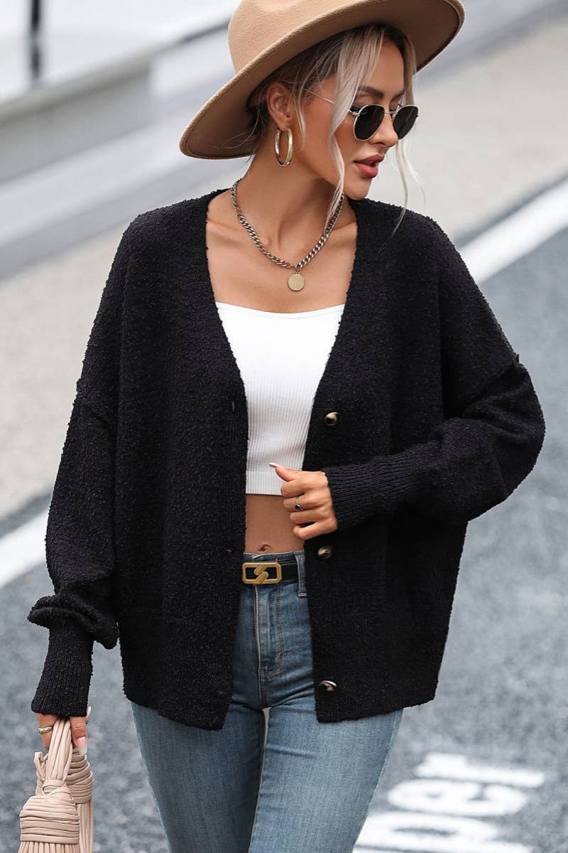 CWOCAL371 Button Down Long Sleeve V-Neck Cardigan Sweater