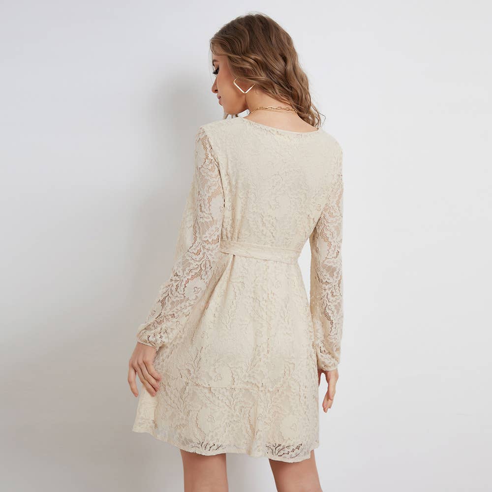 V-NECK STYLE LACE-UP LONG-SLEEVED DRESS