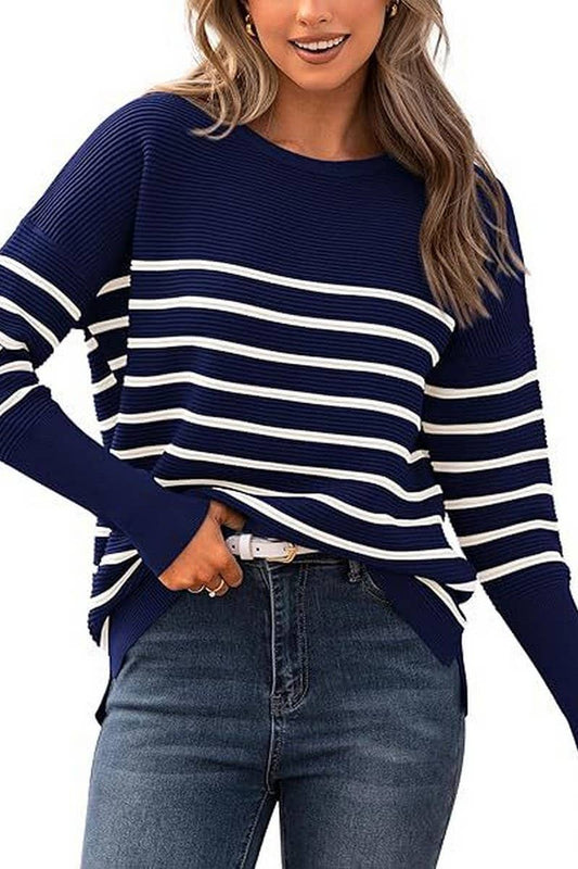 Cwoswl3401_Solid Color Striped Round Neck Knitted Sweater