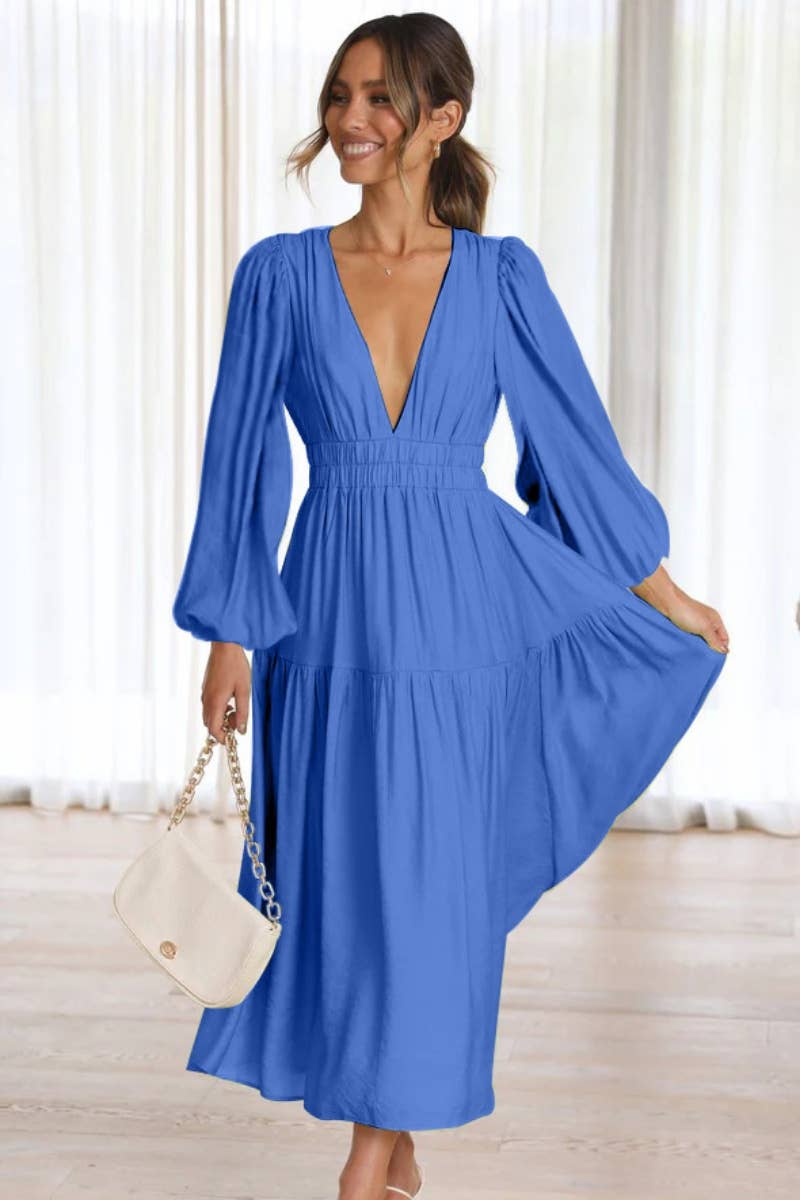 CWDMD4036_AUTUMN V-NECK LONG SLEEVE WAIST DRESS LONG STYLE