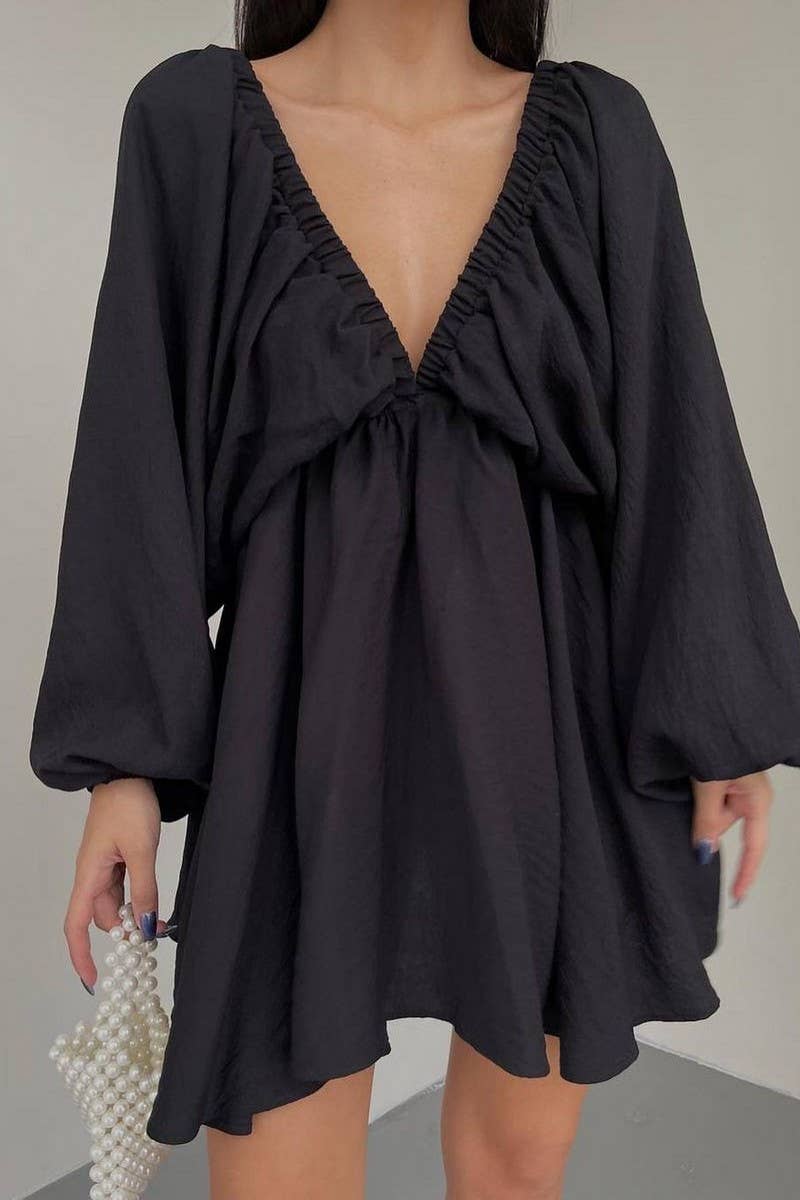 CWDSD6540_SOLID COLOR LANTERN SLEEVE V-NECK SEXY DRESS