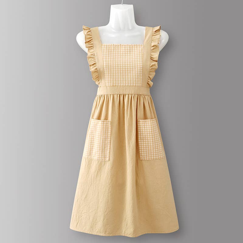 Cotton Striped Grid Kitchen Apron with Pocket