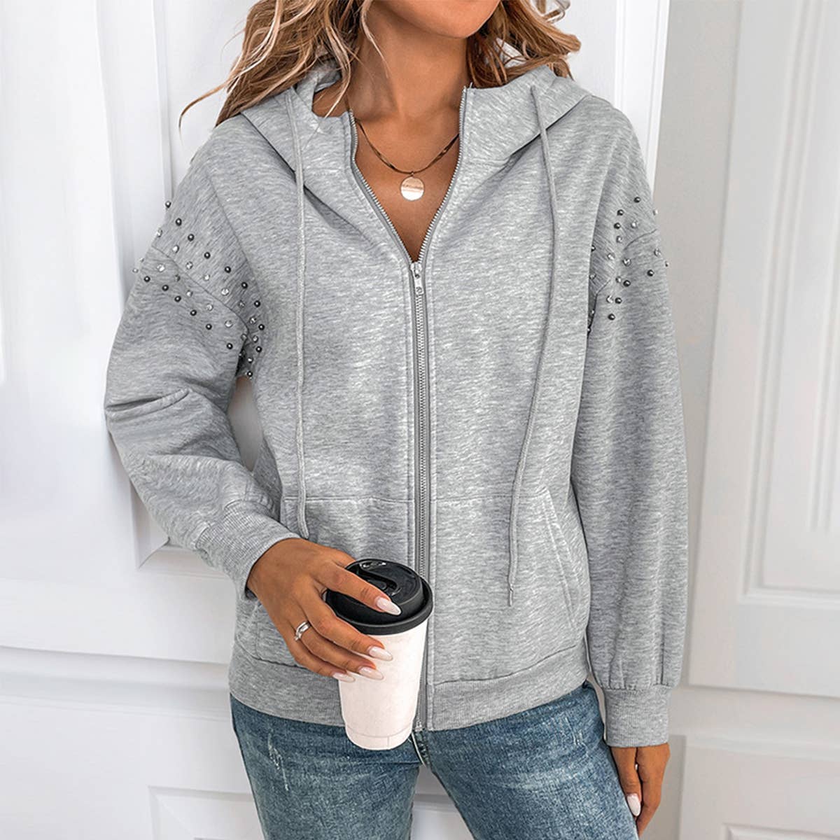 SOLID COLOR RIVET CASUAL FASHION HOODIE COAT