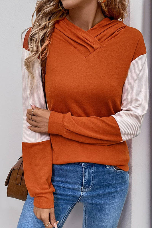 CWOHOL0781_KNITTED CONTRAST COLOR PANEL HOODED SWEATSHIRT