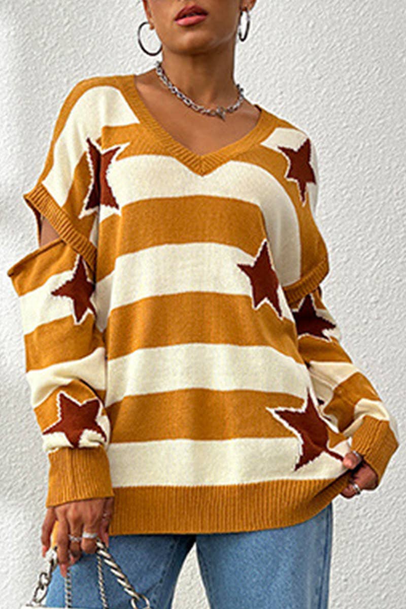 V-NECK PATCHWORK LONG SLEEVE STRIPED SWEATER