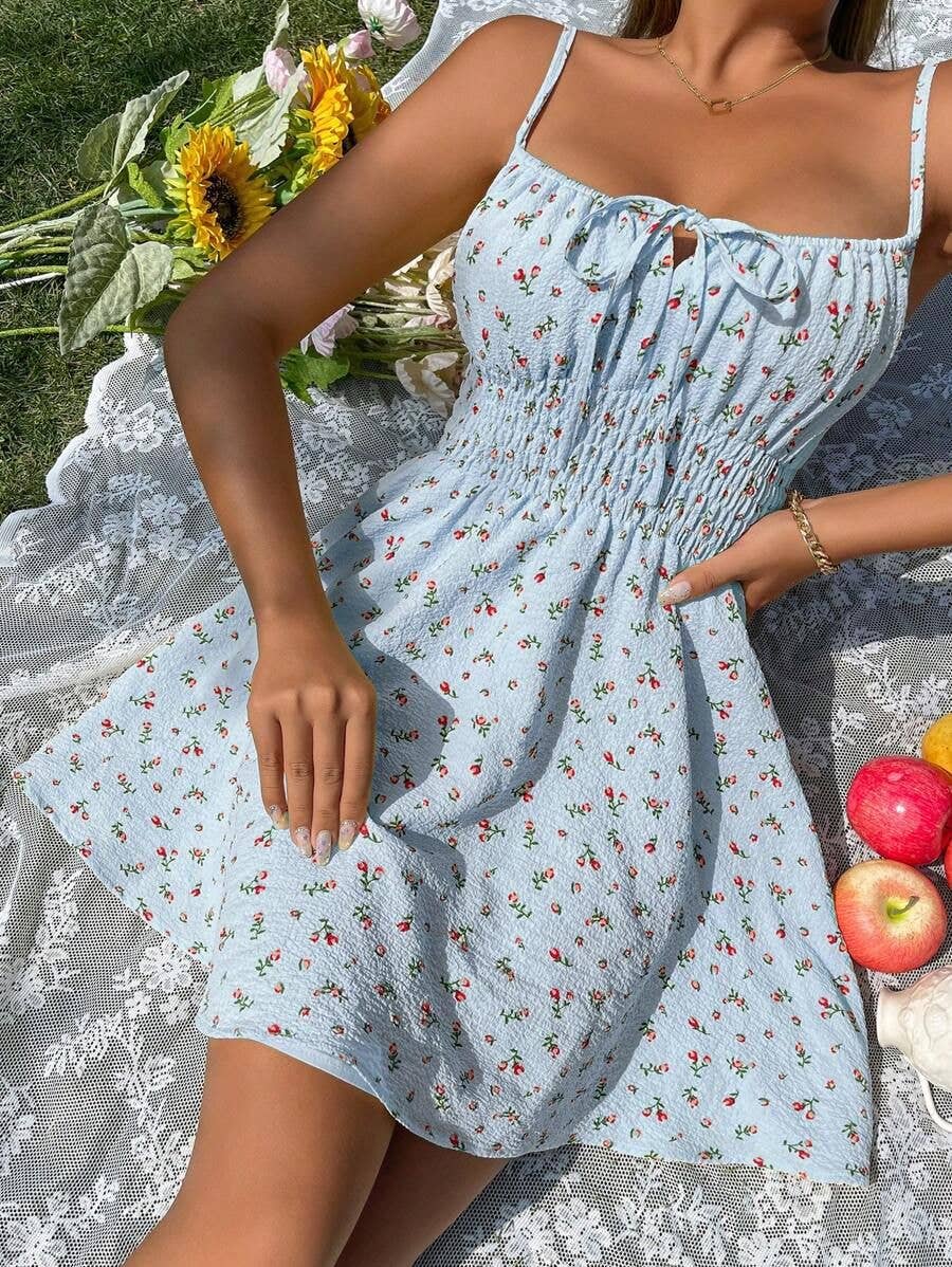 Sexy floral print cinched-waist halter dress