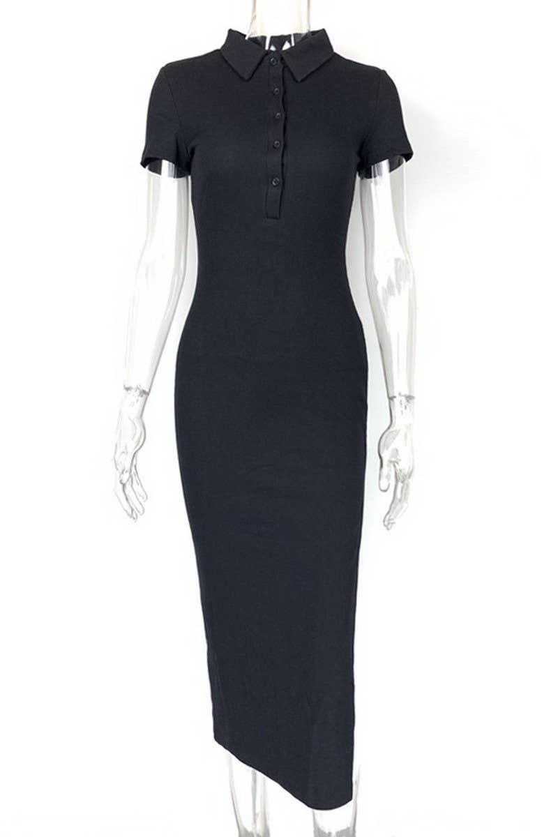 CWDMD4900_SOLID COLOR LAPEL SHORT SLEEVE SLIT DRESS