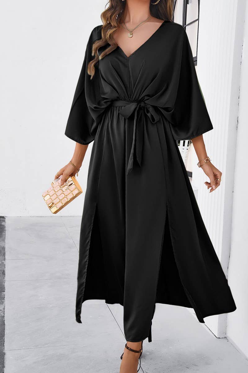 CWDMD1334_V-Neck 3/4 Sleeve With Belt Maxi Dresses