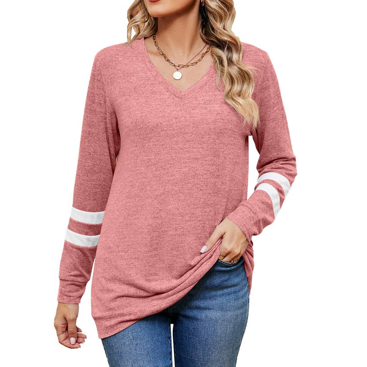 V-neck printed long-sleeved casual top T-shirt