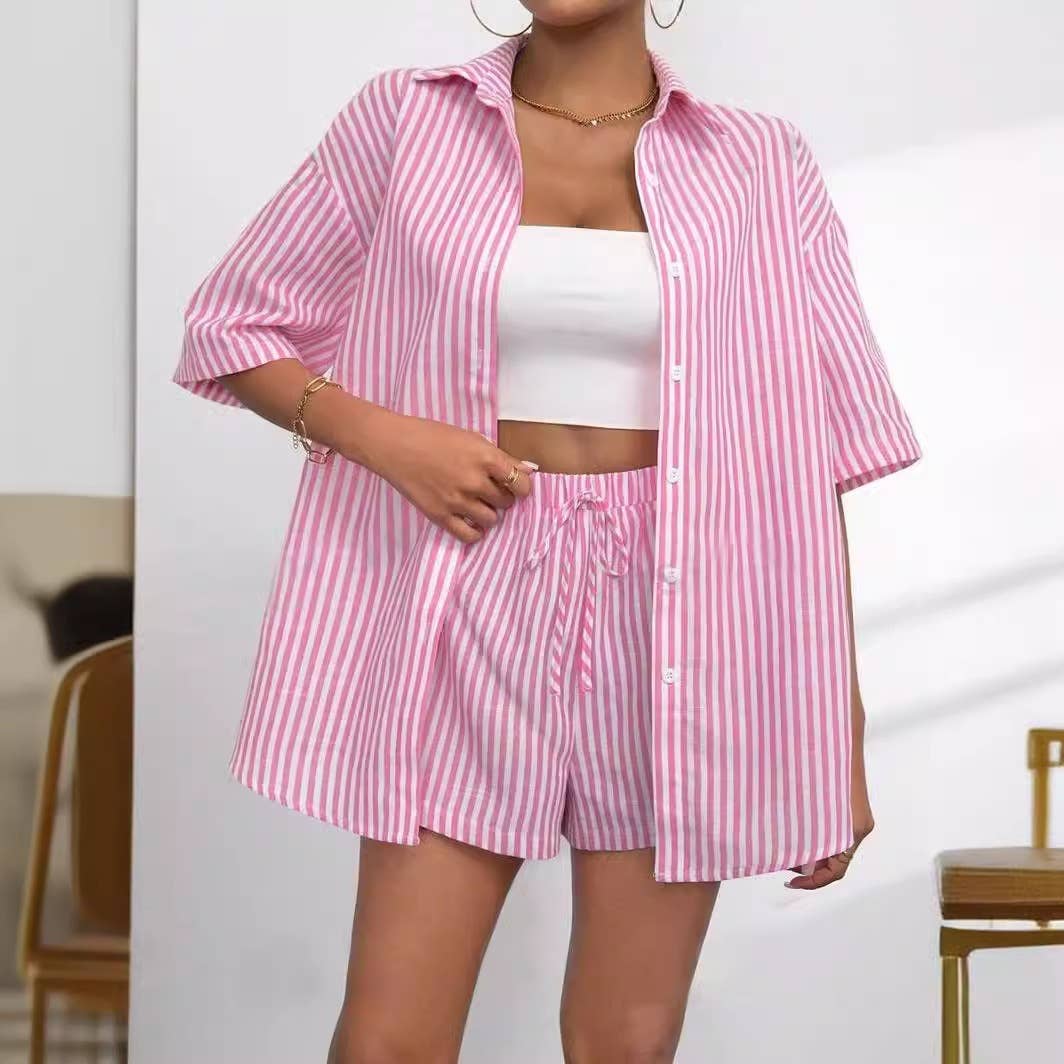 Lapel striped short-sleeved and shorts suit