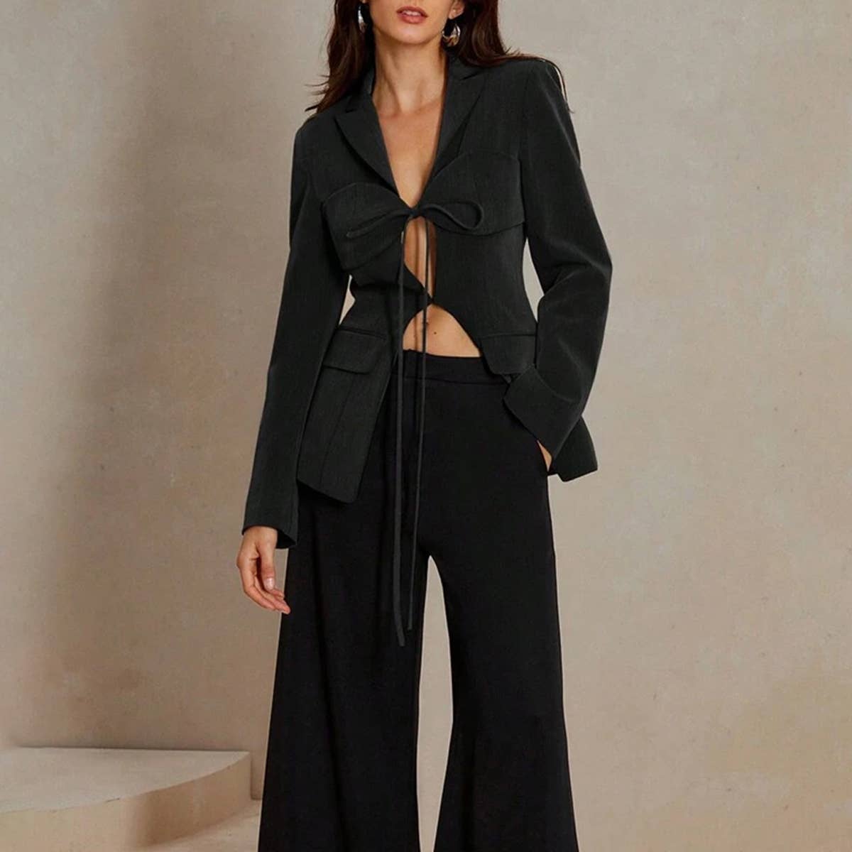 Sexy V-Neck Lace-Up Waist Blazer with Asymmetry