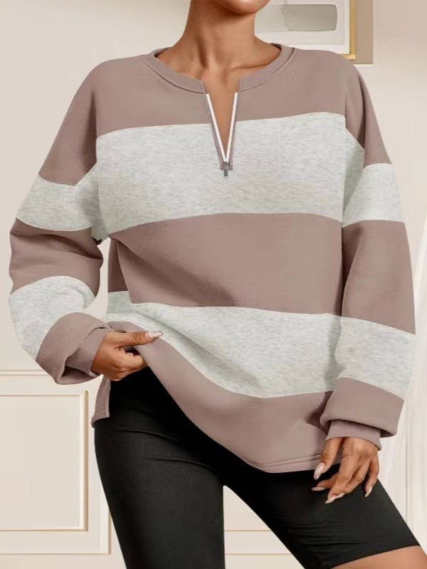 V-neck zipper striped long-sleeved loose T-shirt
