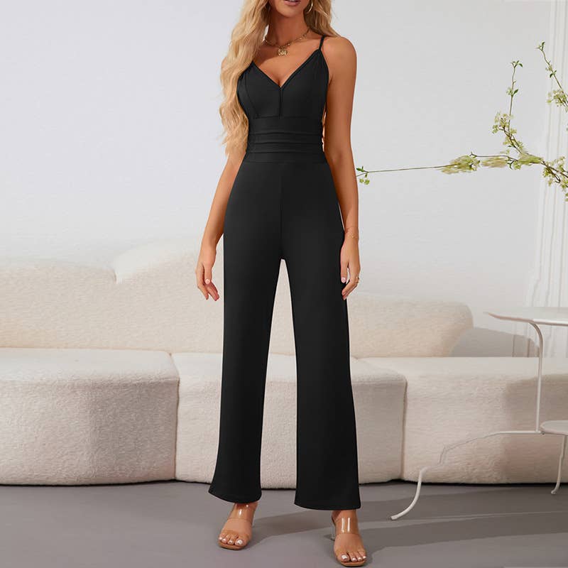 Backless V-Neck Tie Strap Jumpsuit