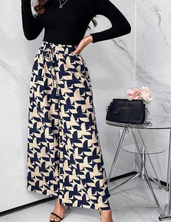 ELASTIC-WAISTED PRINTED BAGGY WIDE-LEG PANTS
