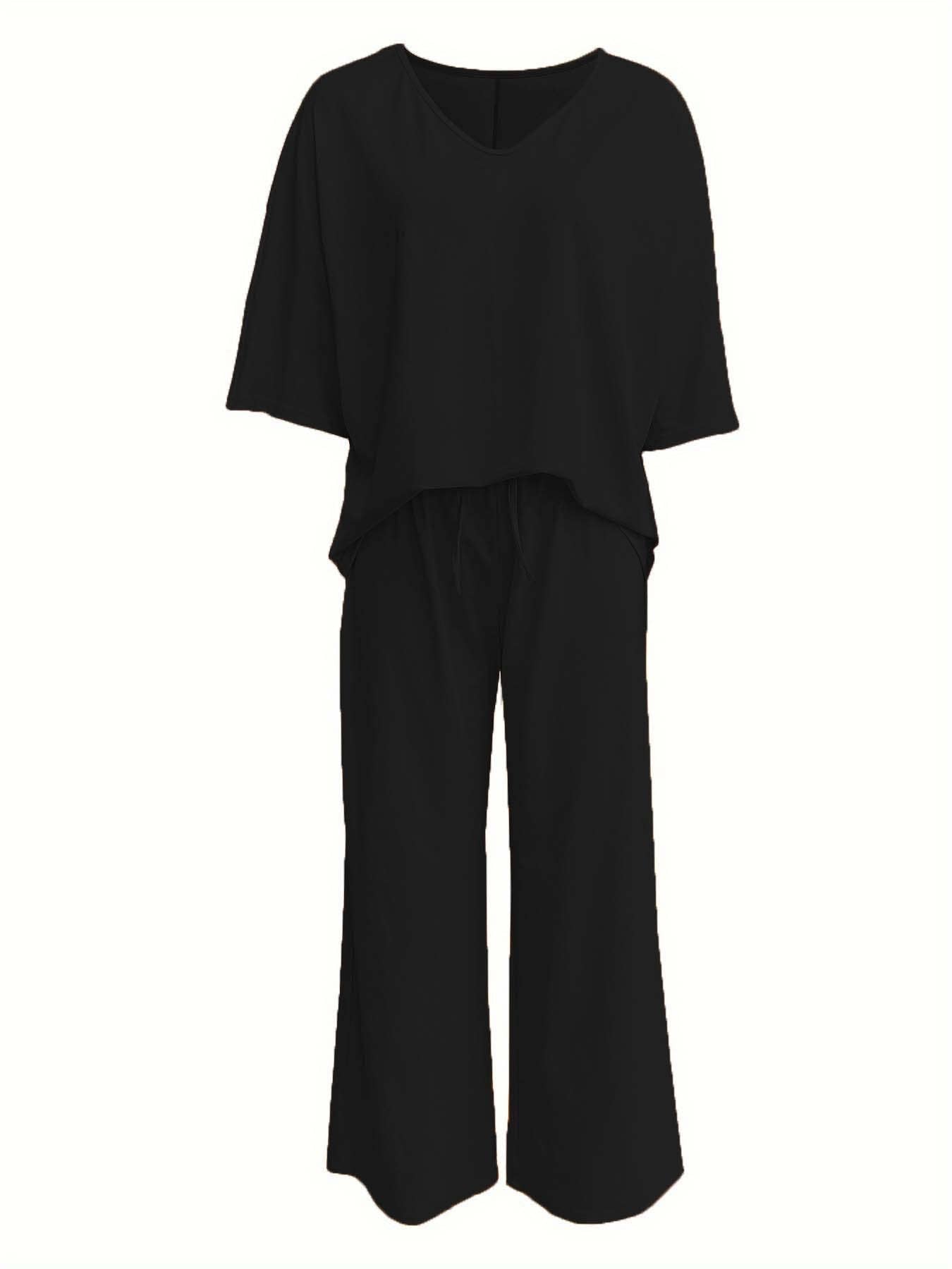V-neck bat-sleeve loose wide-leg pants set
