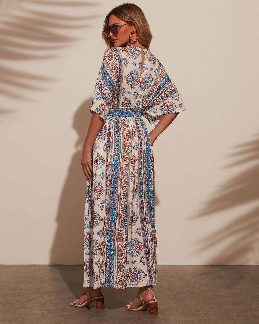 Printed short sleeve printed V-neck long  dress