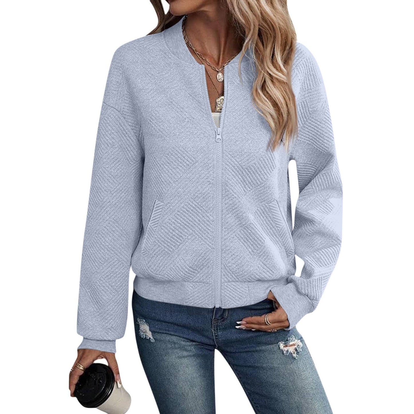 STAND-UP COLLAR ZIP-UP SOLID COLOR JACKET