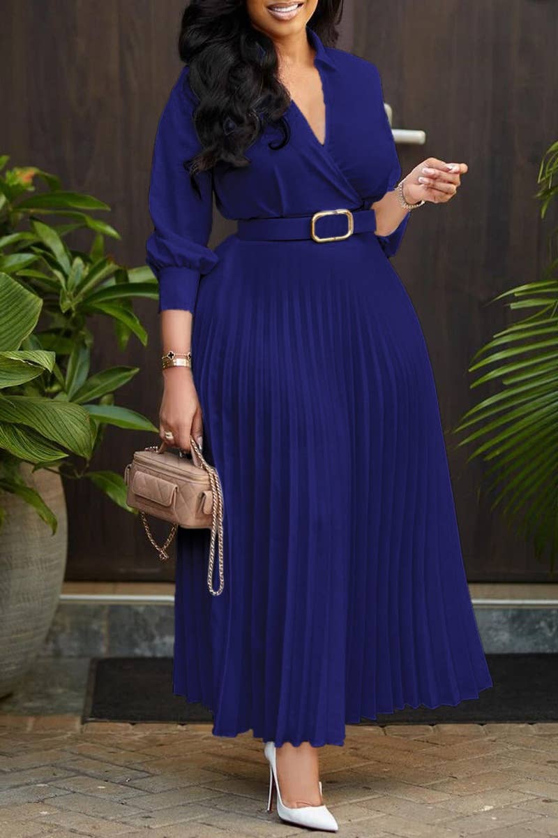CWDMD3908_SOLID COLOR PLUS-SIZE LONG-SLEEVED WAIST DRESS
