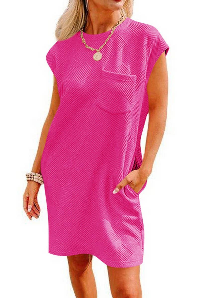 CWDSD6682_CASUAL ROUND NECK POCKET SHORT SLEEVE LOOSE DRESS