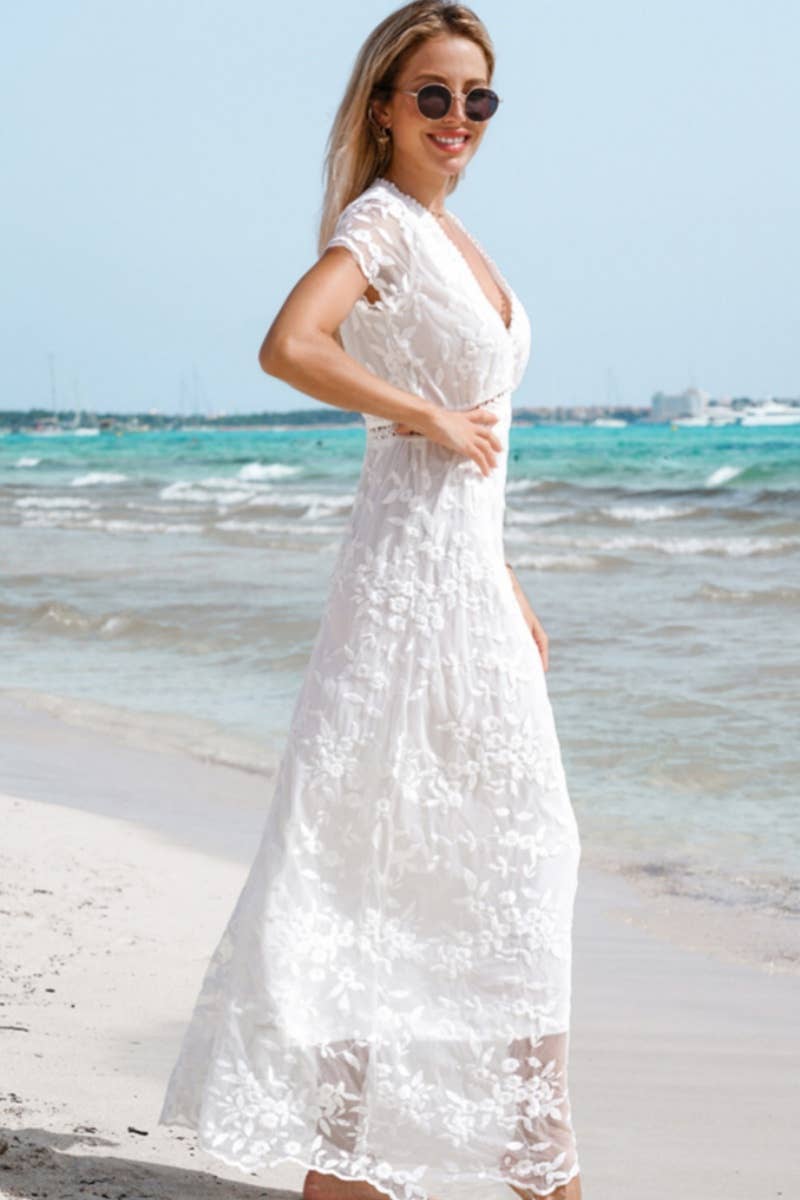 CWDMD3108_MESH STITCHING LACE SHORT SLEEVE DRESS LONG